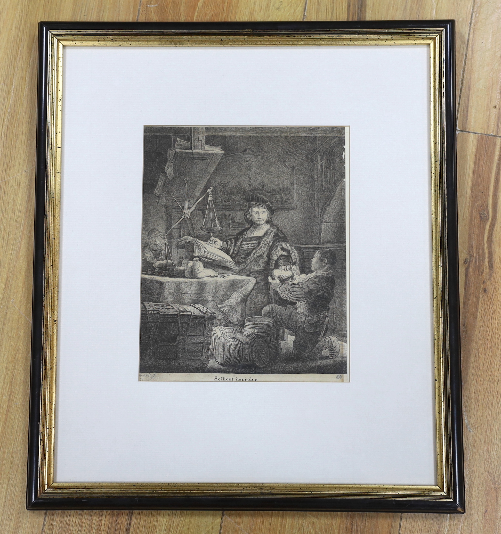 After Rembrandt van Rijn (1606–1669), etching, The Gold Weigher, signed in plate, 24 x 19cm